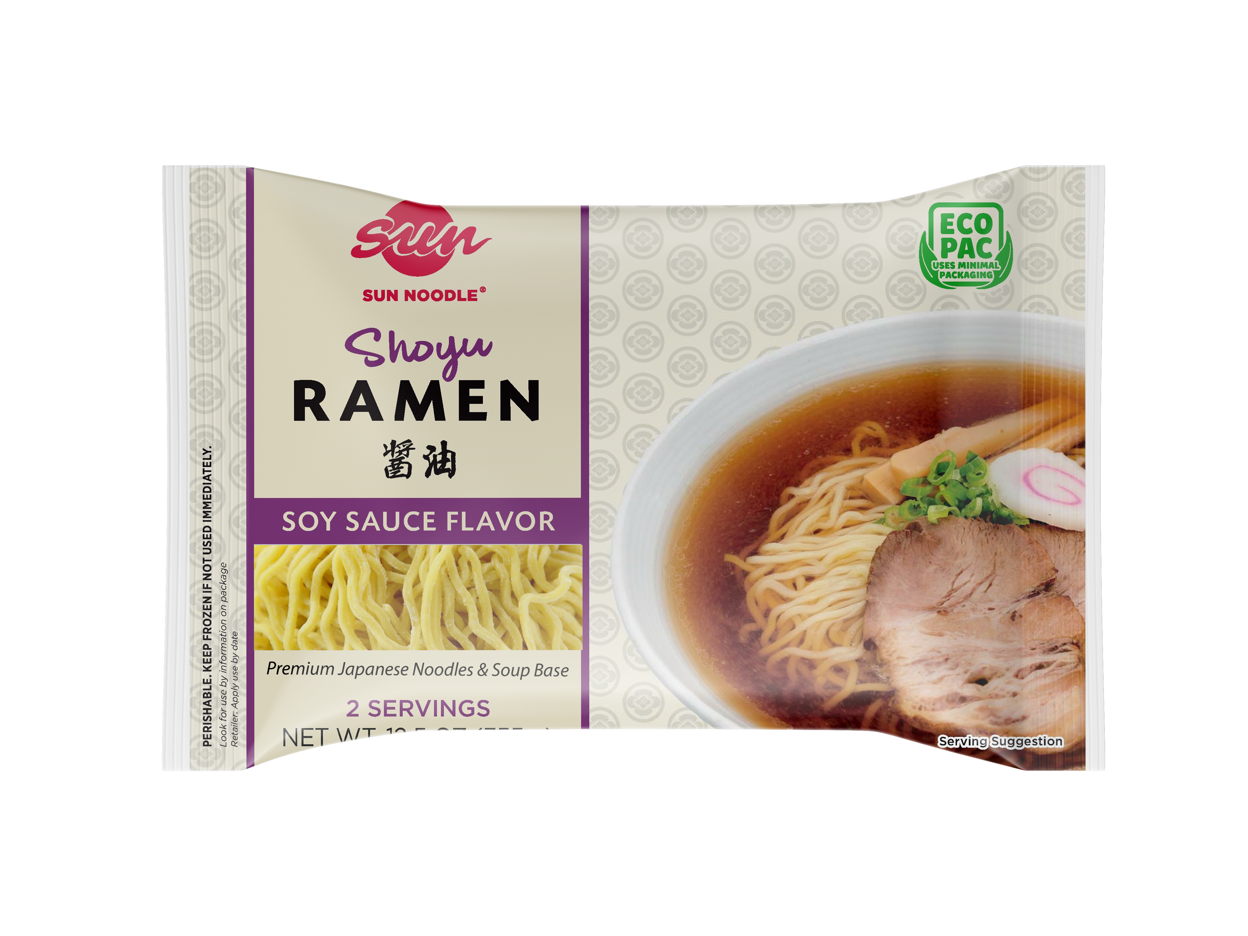 Front view of shoyu ramen in its packaging.