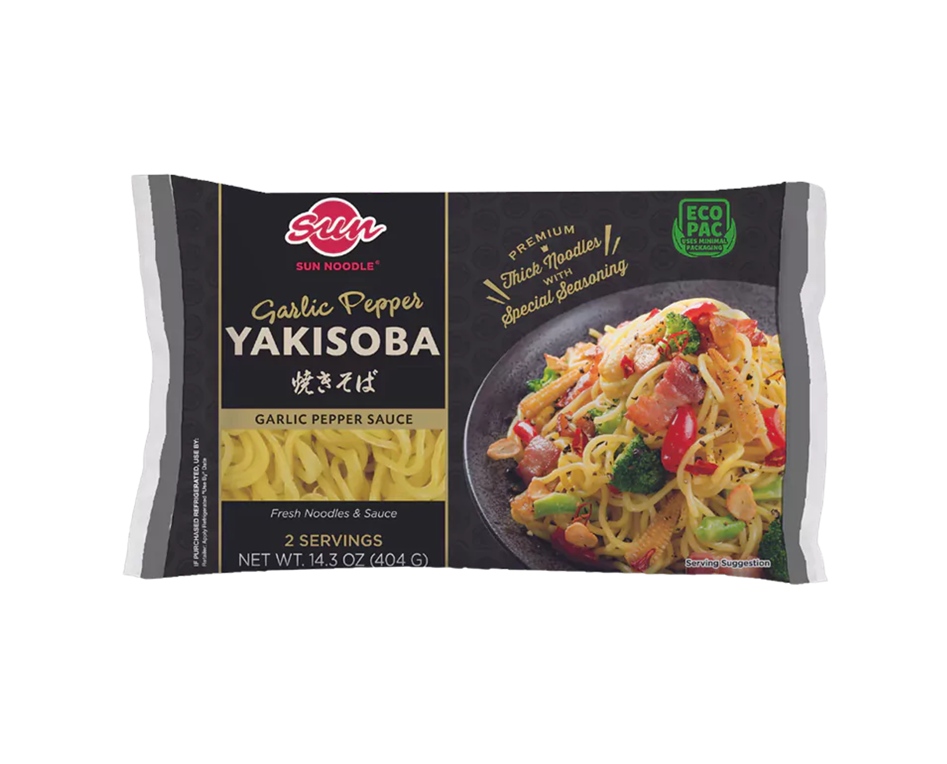 Front view of the garlic pepper yakisoba product on a transparent background