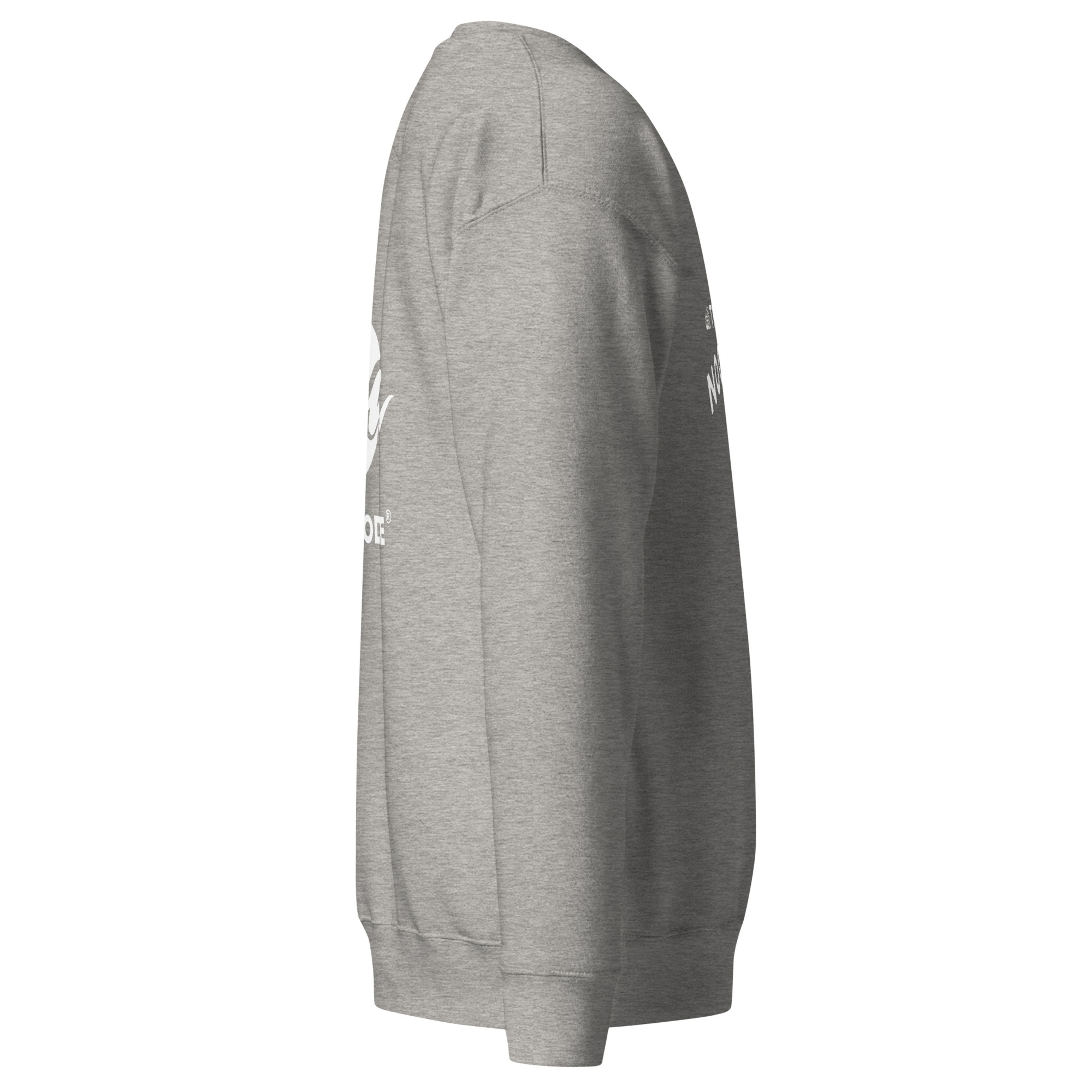 Carbon grey crewneck sweatshirt shown from the right side, with the white "Sun Noodle" back print partially visible.