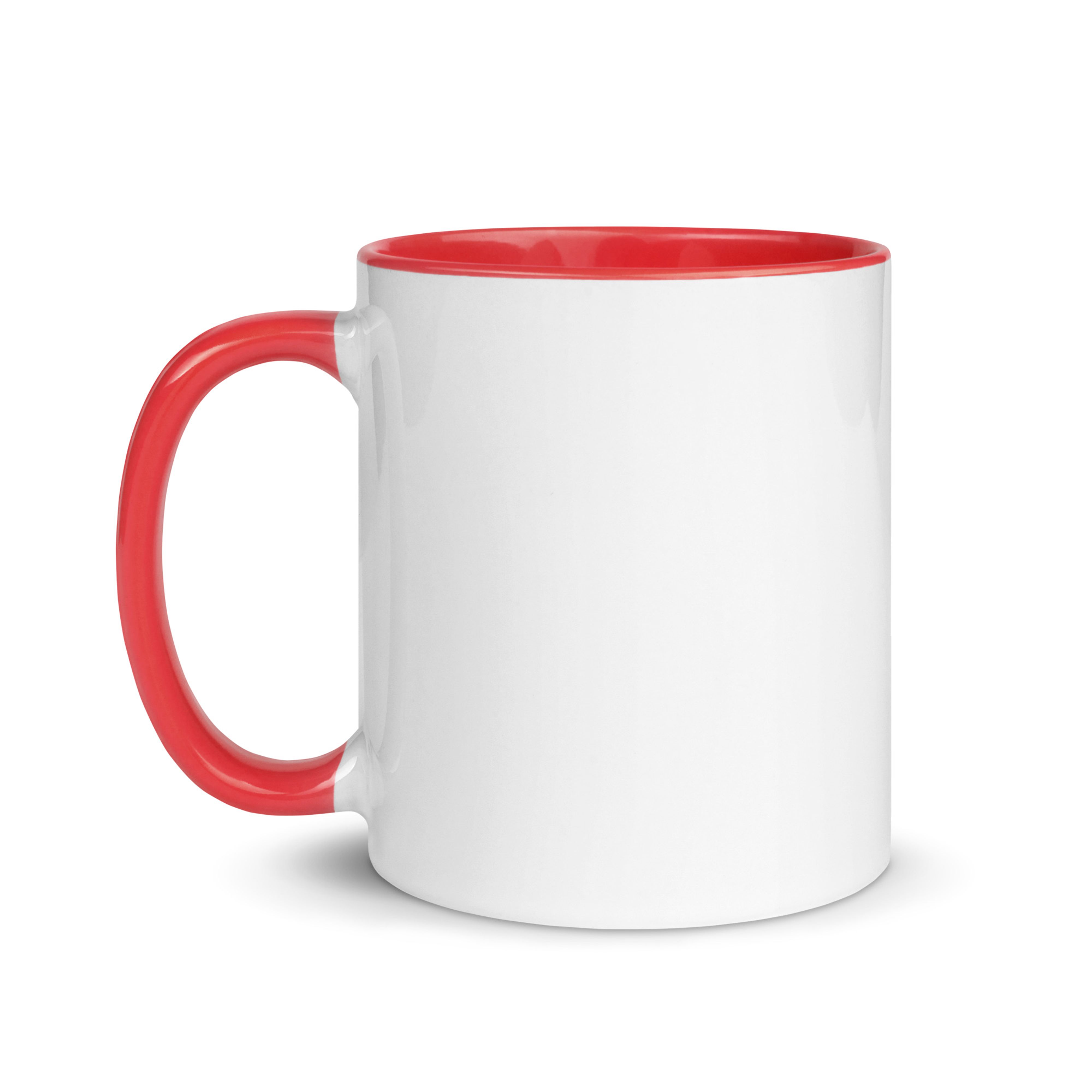 Back of the mug, white face, red handle.