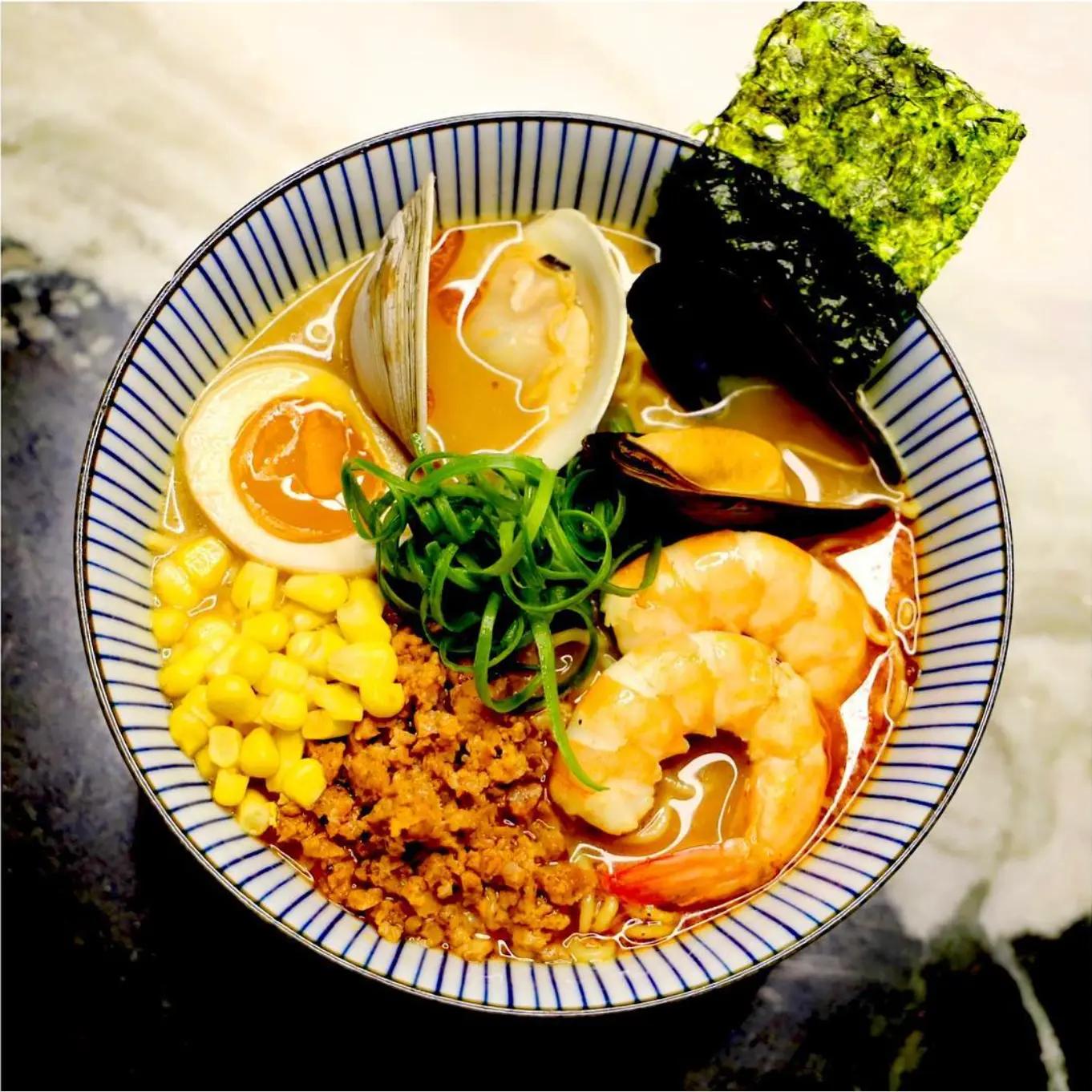 Top view of plate with spicy miso ramen 