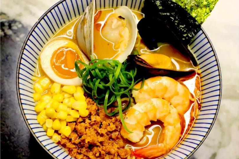 Top view of plate with spicy miso ramen 