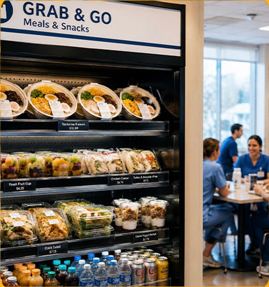 Grab-and-go cooler stocked with packaged noodle bowls