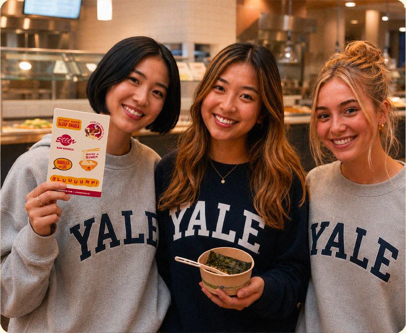 Three students in Yale sweatshirts holding a bowl of noodles in a dining hall
