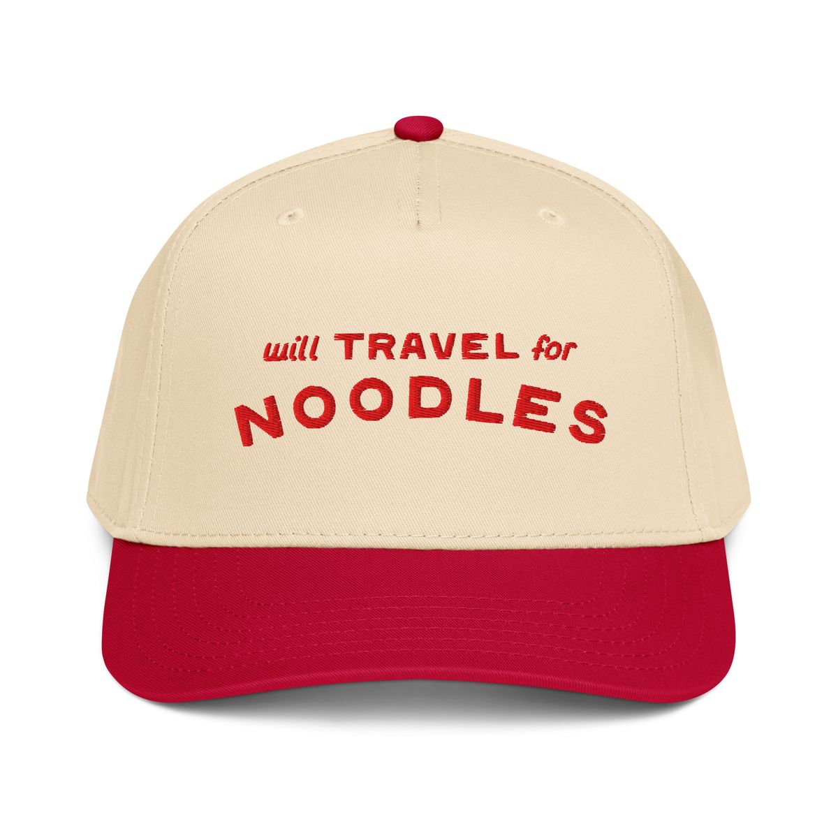 Cream 5-panel snapback cap with a red brim and red top button, embroidered with "will TRAVEL for NOODLES" in red lettering across the front.