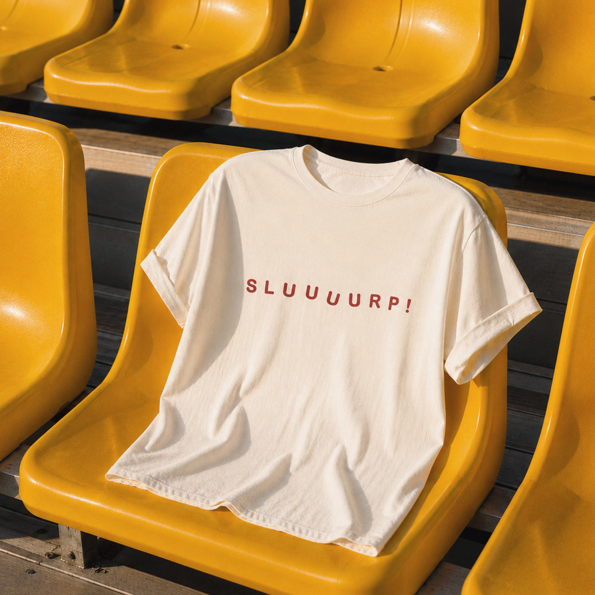 Natural cream unisex t-shirt with "SLUUUURP!" printed across the chest in red lettering.