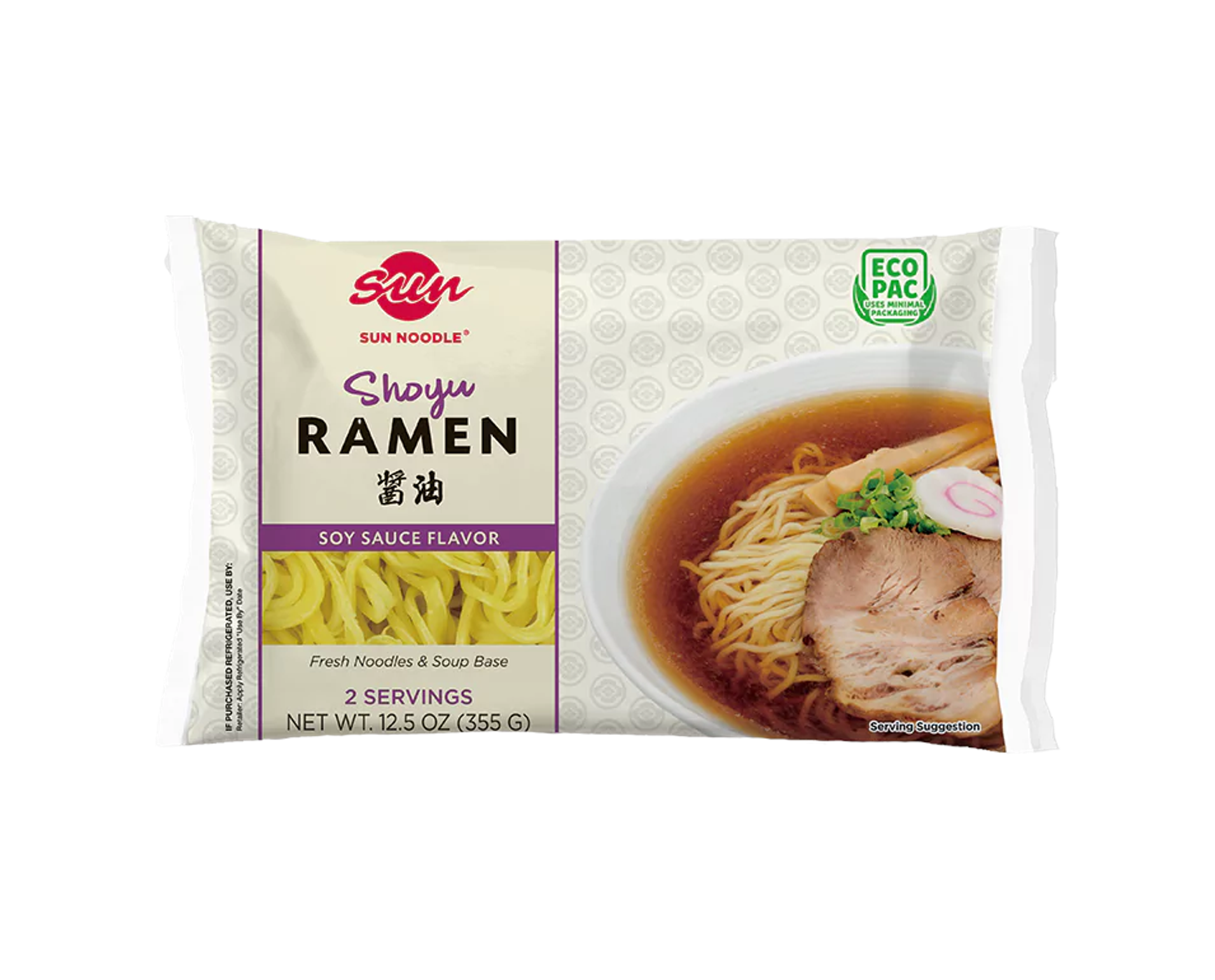 Front view of shoyu ramen in its packaging.