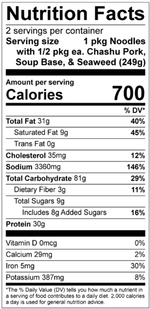 Image of the nutrition facts for Tonkotsu Ramen with toppings