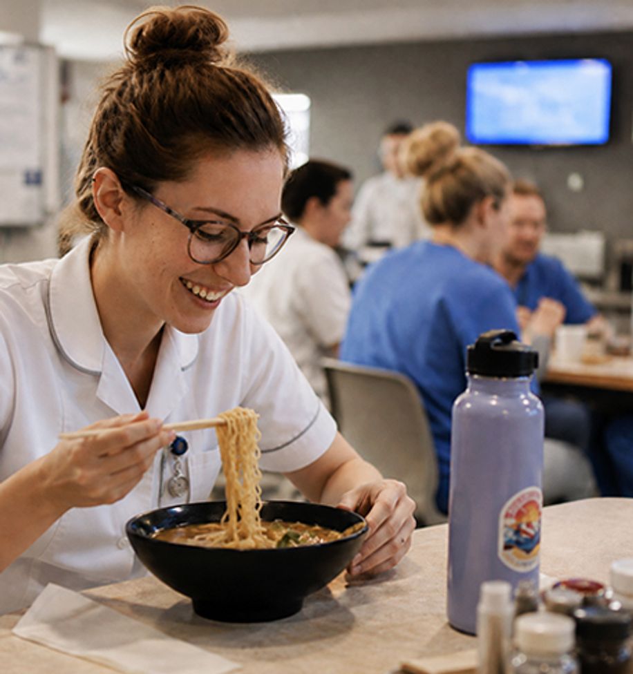 Diner enjoying a bowl of ramen in a cafeteria