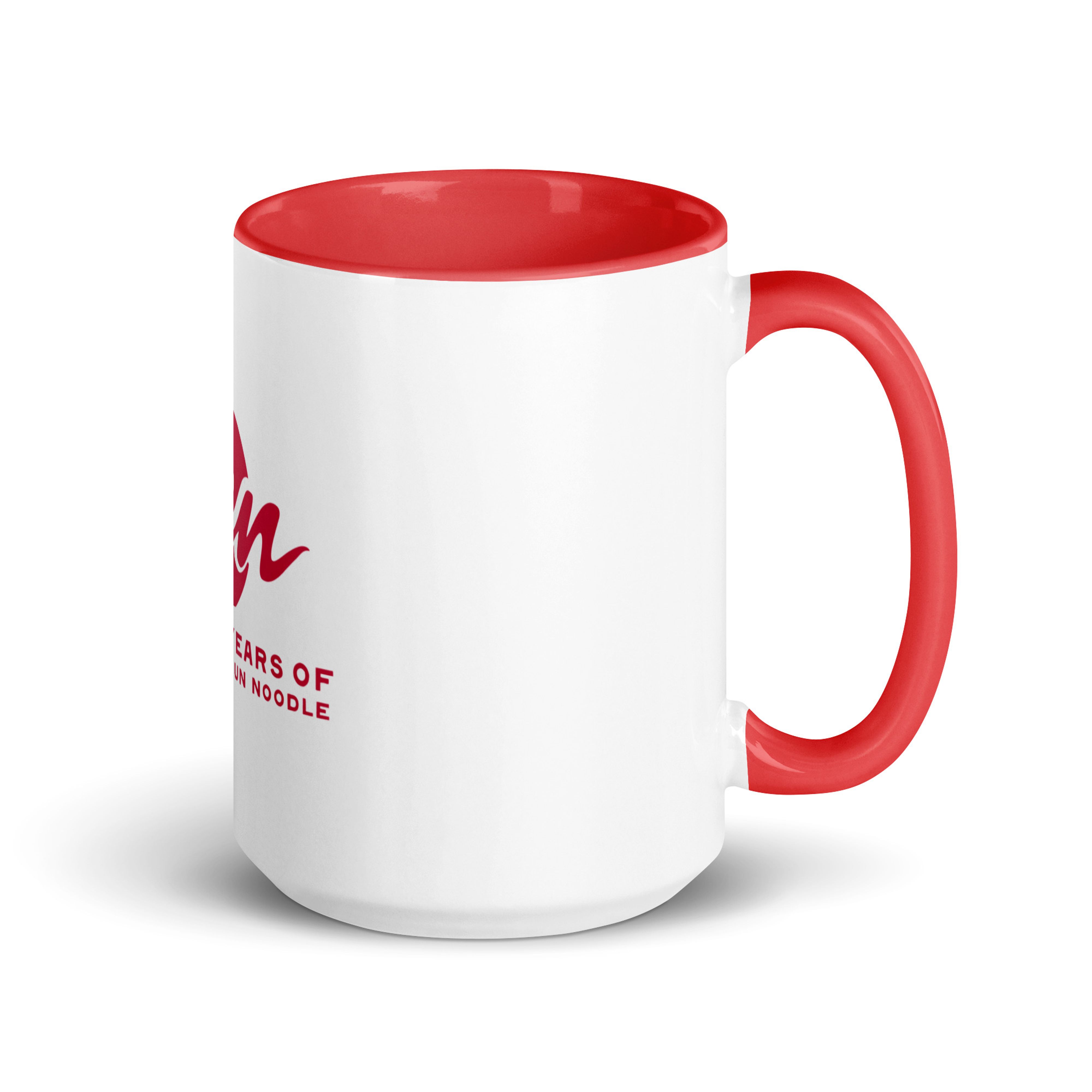 White ceramic mug with red interior and red handle, shown from the right with the red "45 Years of Sun Noodle" logo partially visible.