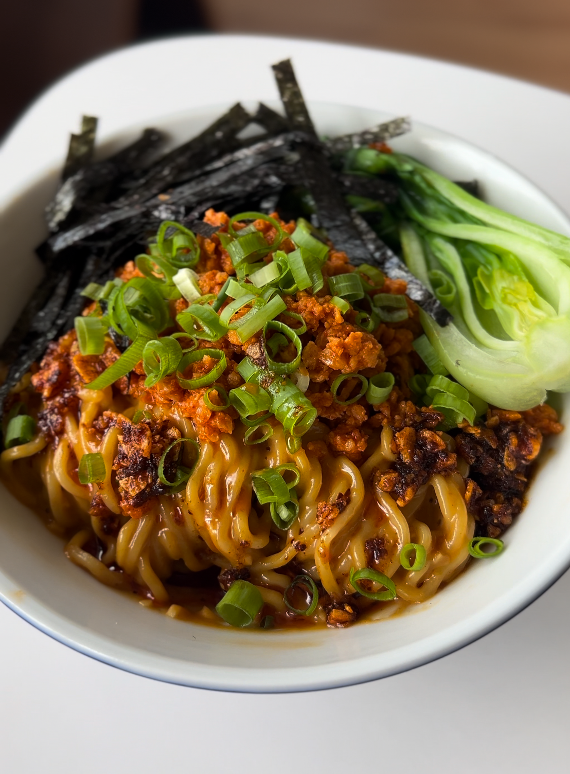 picture of a finished bowl of vegan dandan noodles