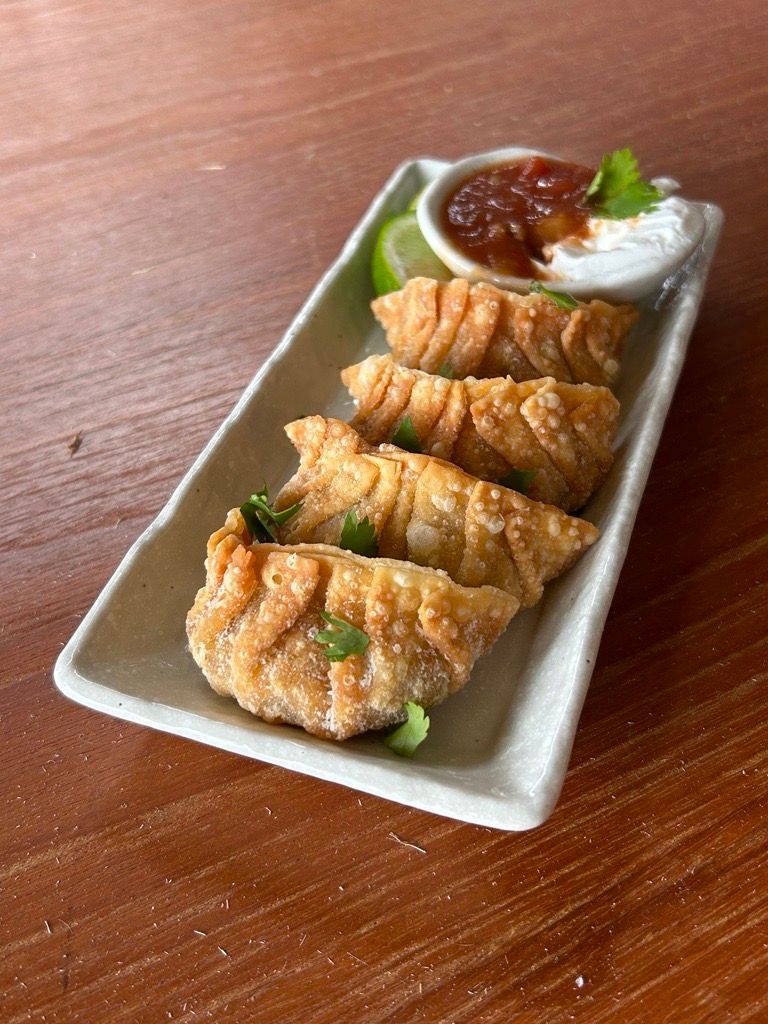 Variety of Crispy Taco Gyoza and Dipping Sauce on the Side