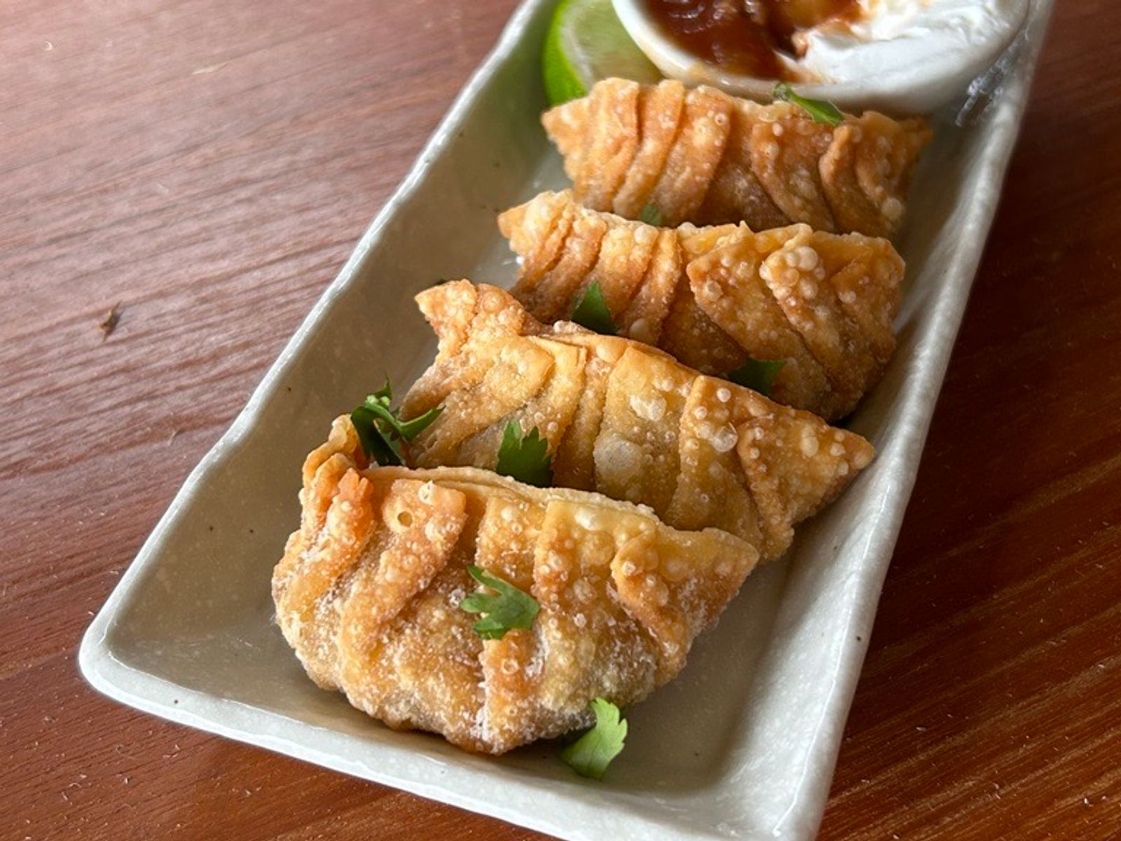 Variety of Crispy Taco Gyoza and Dipping Sauce on the Side