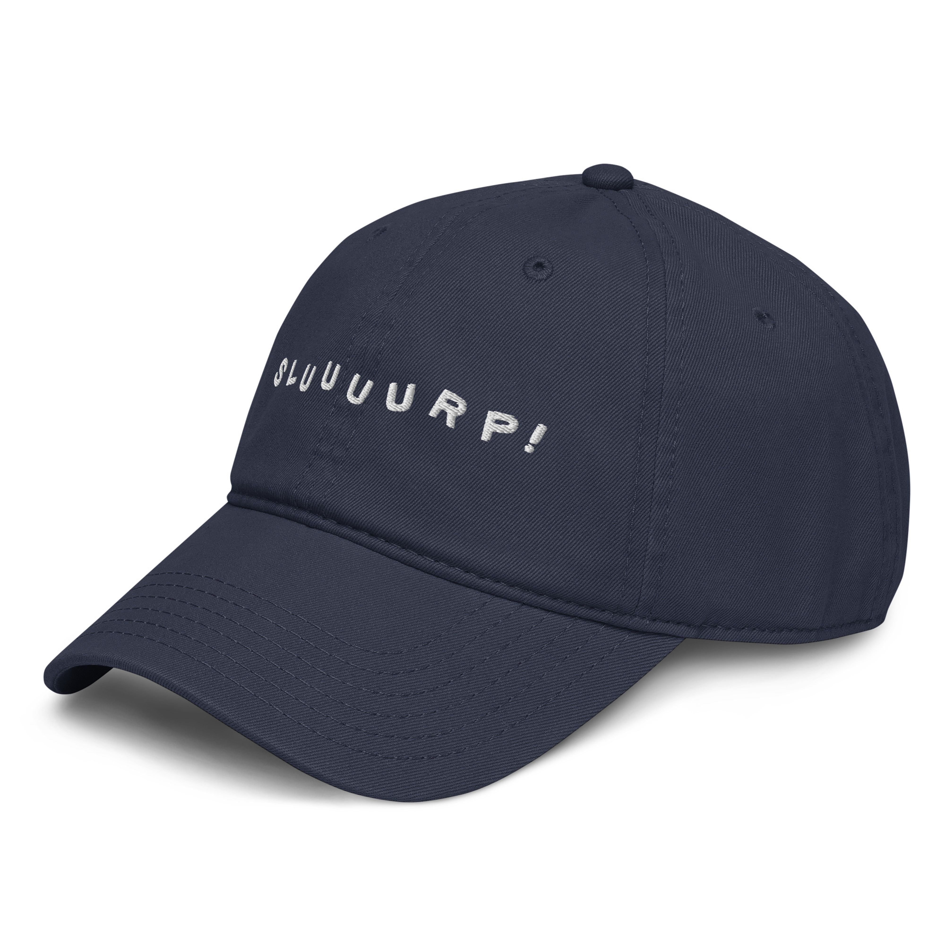 Three-quarter front view of the navy "SLUUUURP!" hat with white embroidery, showing the curved brim and left side.