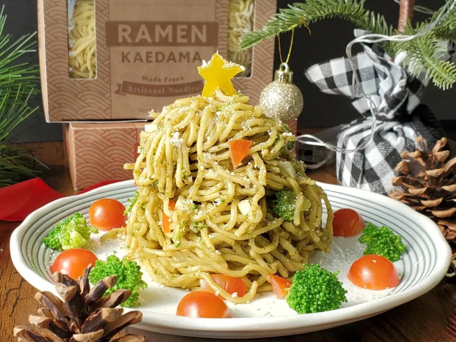 Side view of pesto ramen on a nicely decorated plate