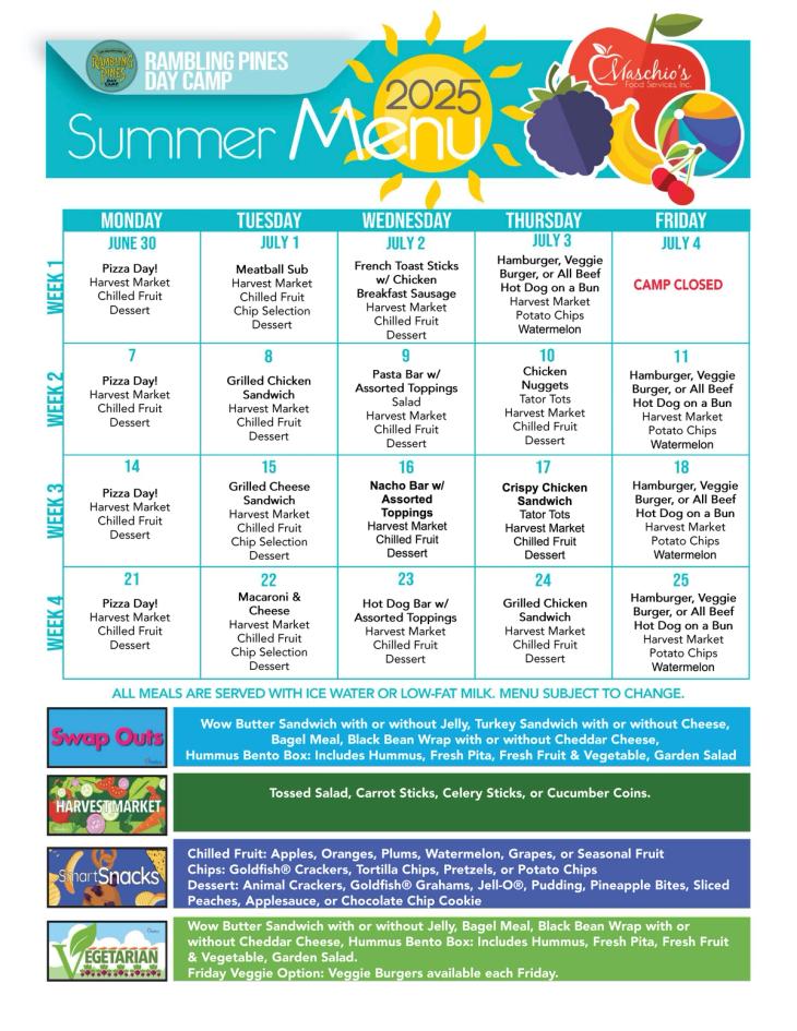 Rambling Pines Day Camp week 1 to 4 lunch menu