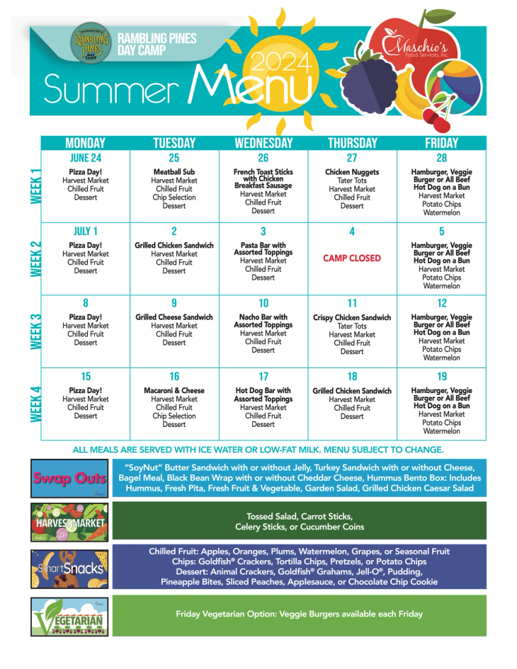 Table of the Rambling Pines Lunch Menu for 2019, weeks 1 through 4