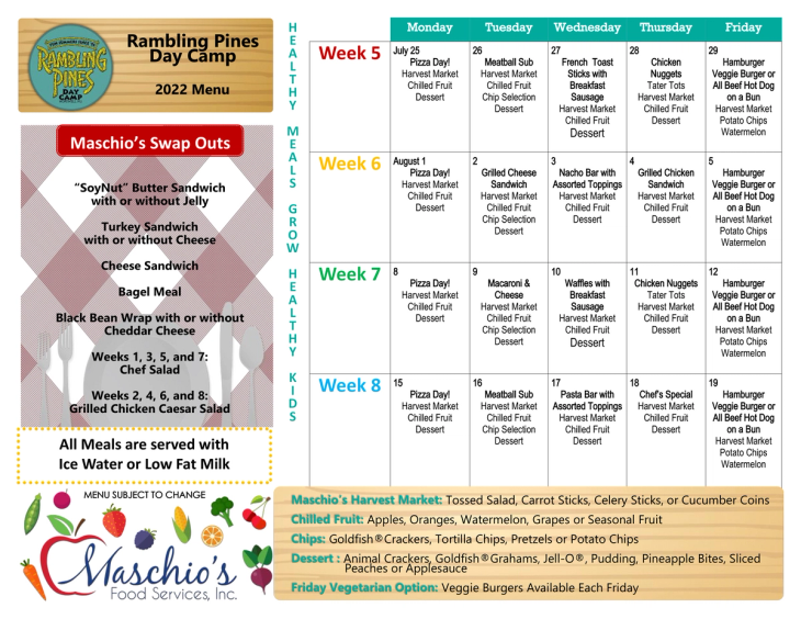 Rambling Pines Day Camp week 5 to 8 lunch menu