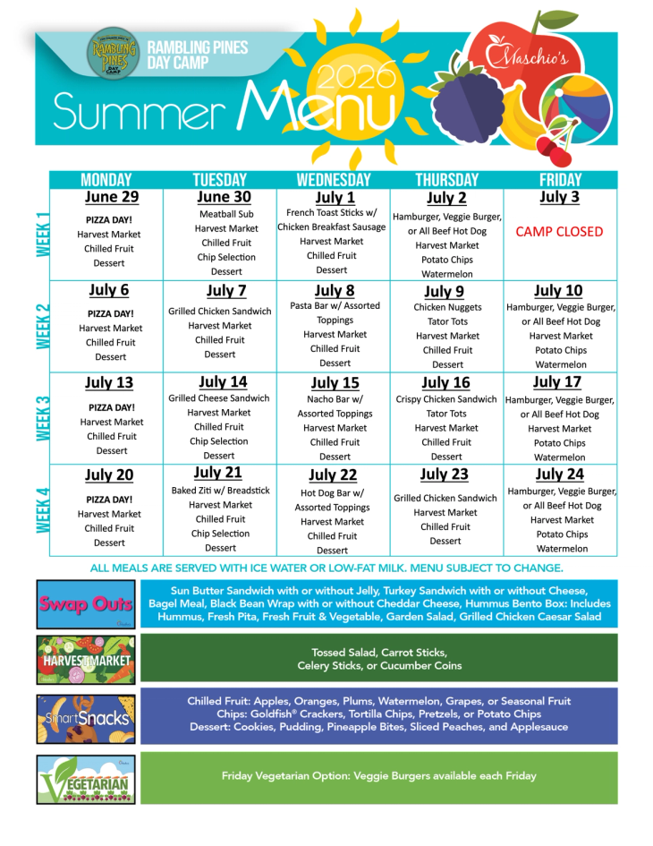 Rambling Pines Day Camp week 1 to 4 lunch menu