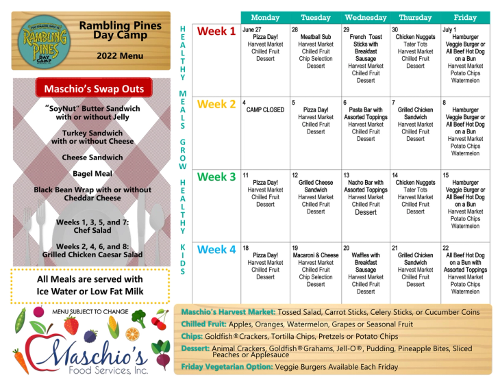Rambling Pines Day Camp week 1 to 4 lunch menu