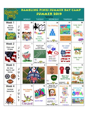 2020 Calendar | Rambling Pines Day Camp