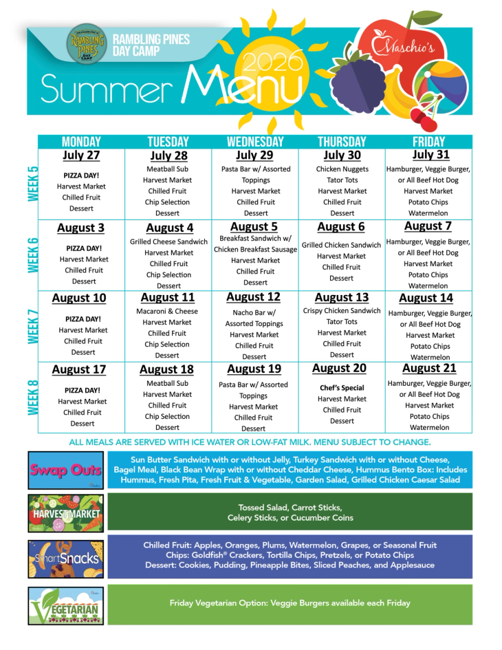 Rambling Pines Day Camp week 5 to 8 lunch menu