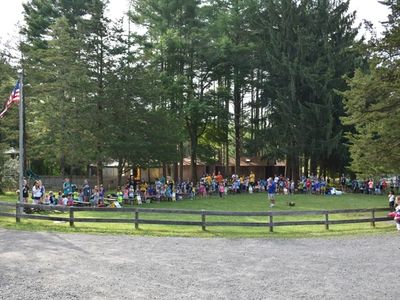 campers at morning assembly on the Jordan Field at Rambling Pines Day Camp