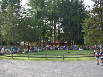 campers at morning assembly on the Jordan Field at Rambling Pines Day Camp