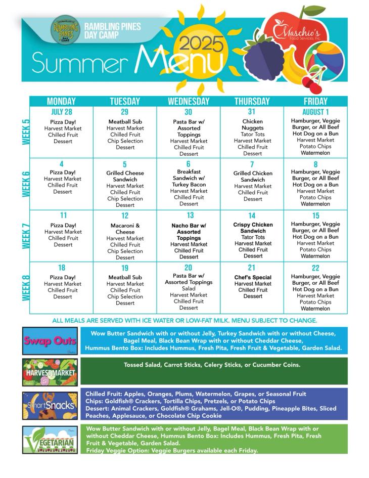 Rambling Pines Day Camp week 5 to 8 lunch menu