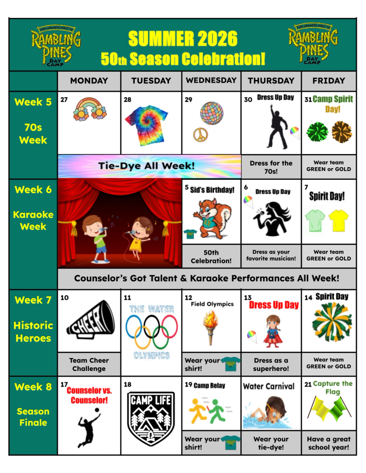 Rambling Pines Day Camp 2019 Activity Calendar - 2