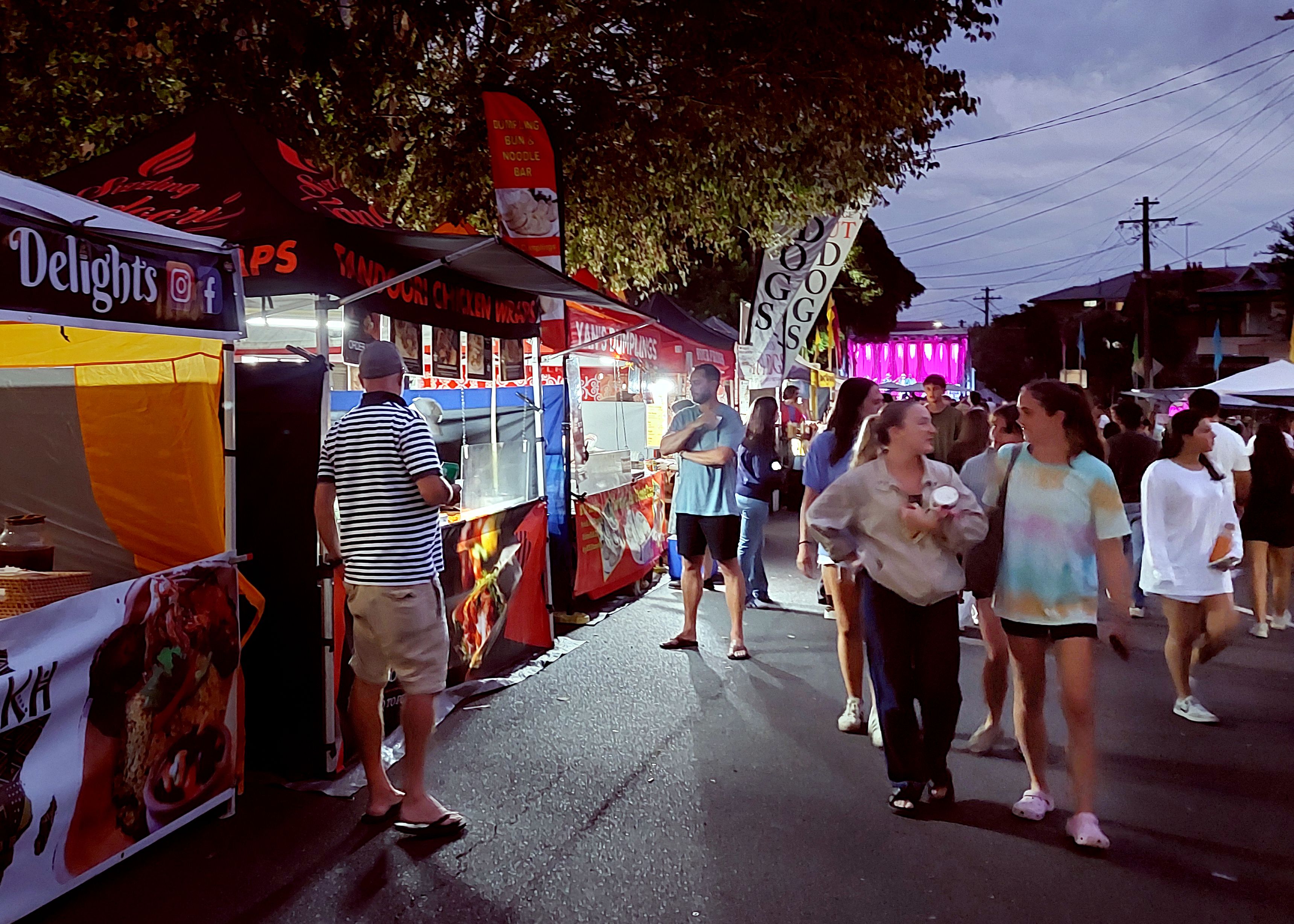 Bustling night market and food stalls in Randwick, Sydney.