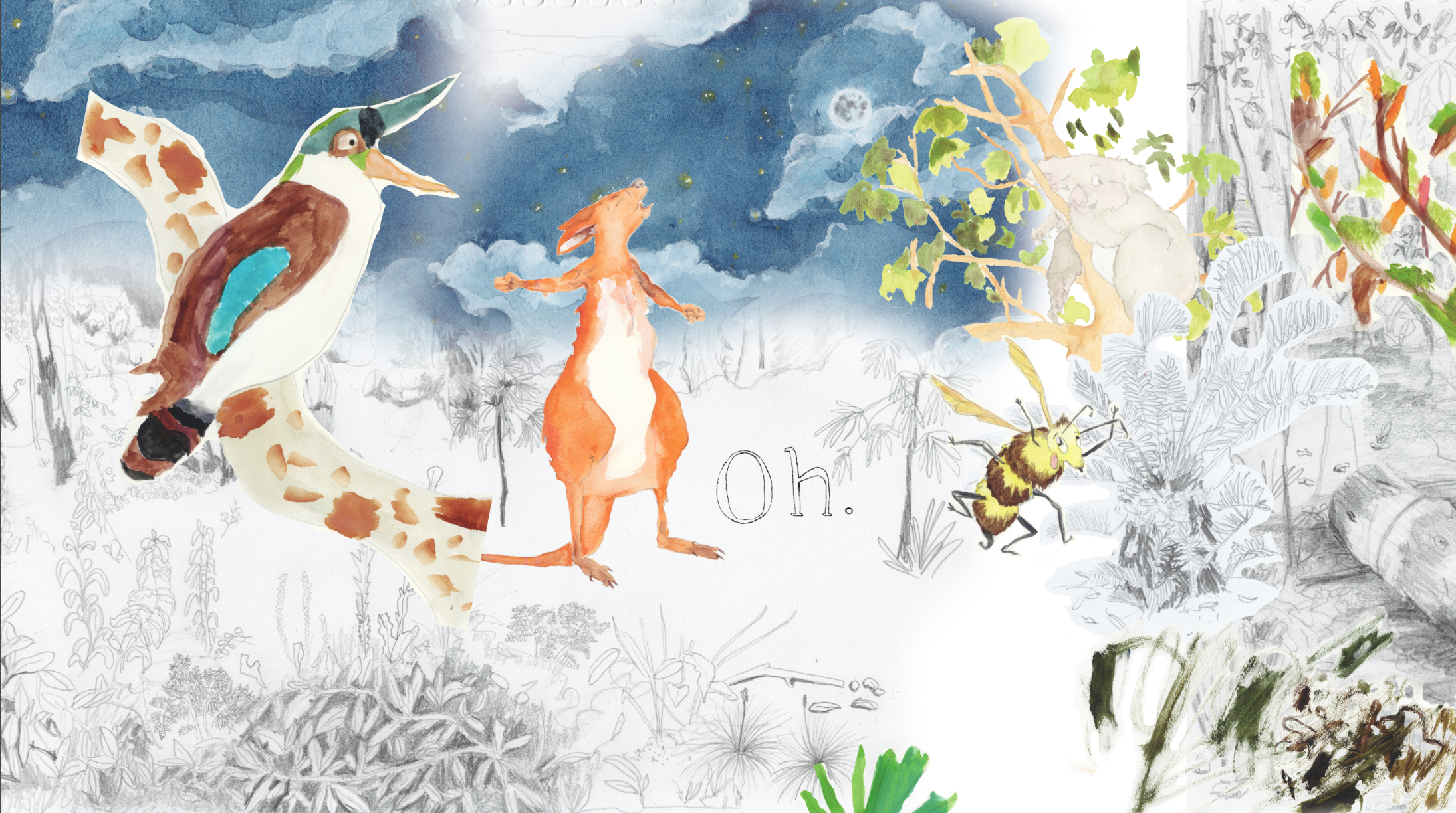 Claudia Nicholson's artwork Oh. is a watercolour, pencil & digital collage showing a kookaburra, kangaroo, bee and koala.