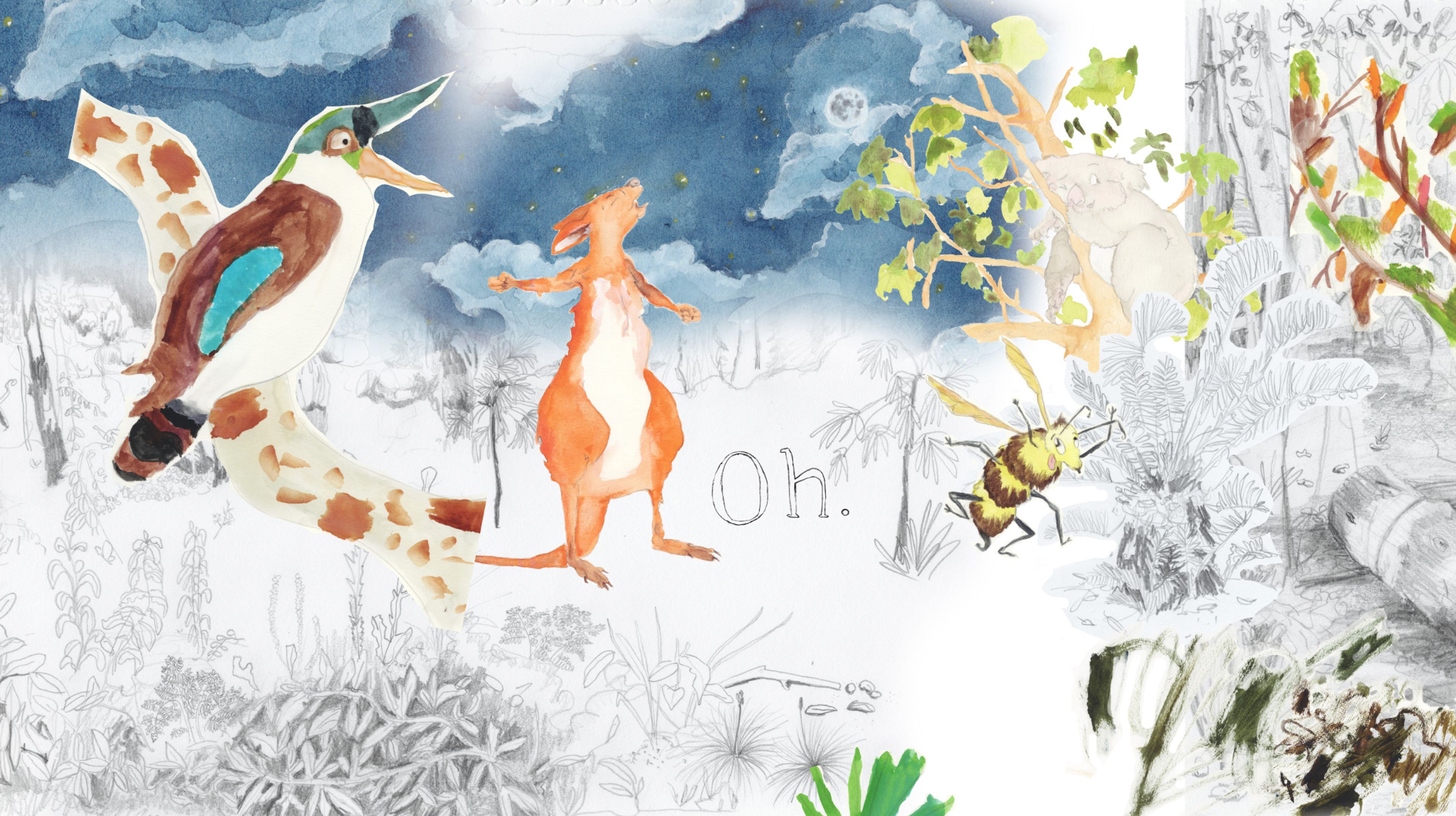 A still from Claudia Nicholson's artwork 'Oh.', a watercolour, pencil and digital collage of Australian animals in the bush.