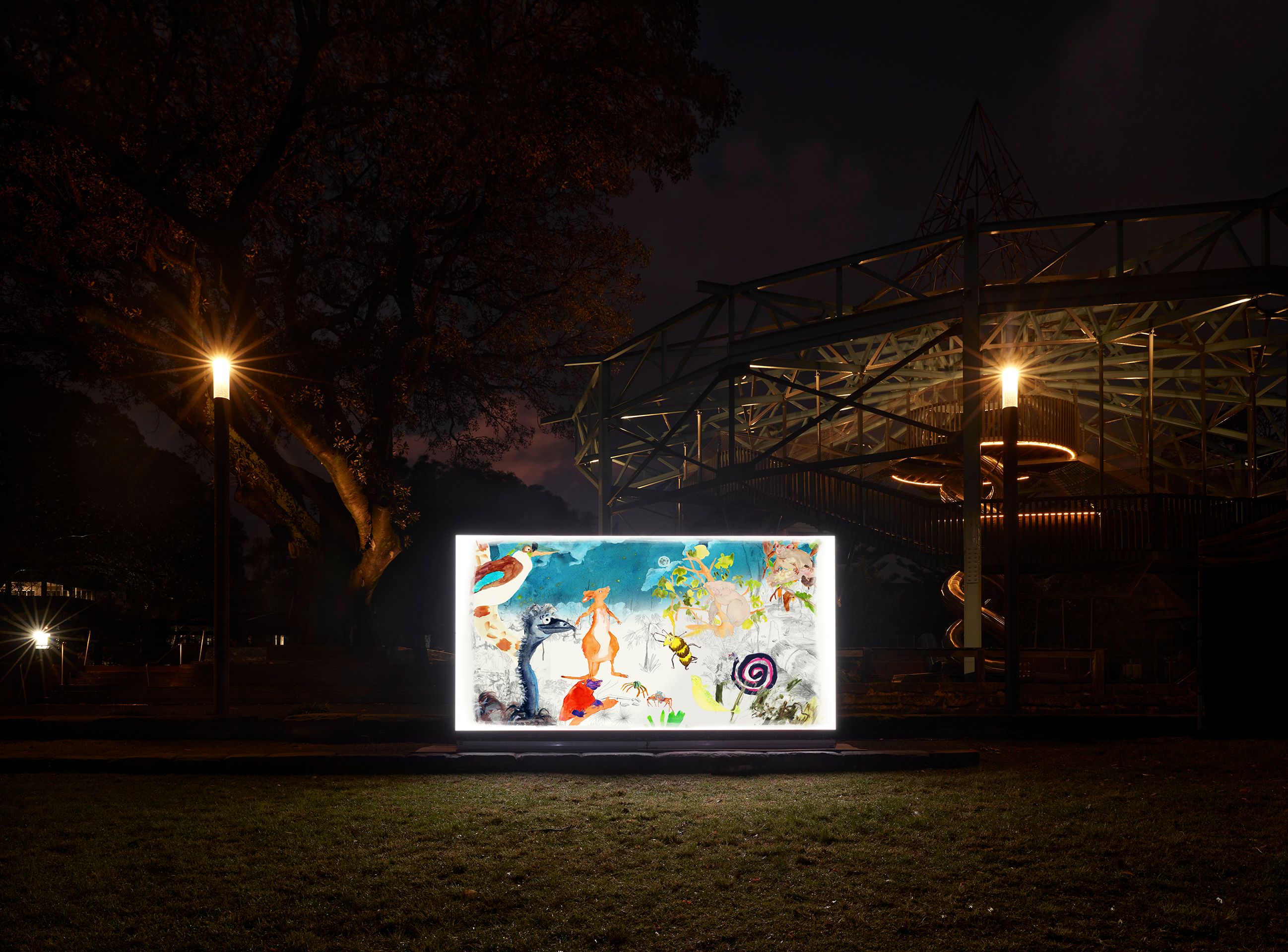 Installation view of Claudian Nicholson's animated short film 'Oh.' on a large screen outdoors at Inglis Park, Randwick. Photo: Zan Wimberley
