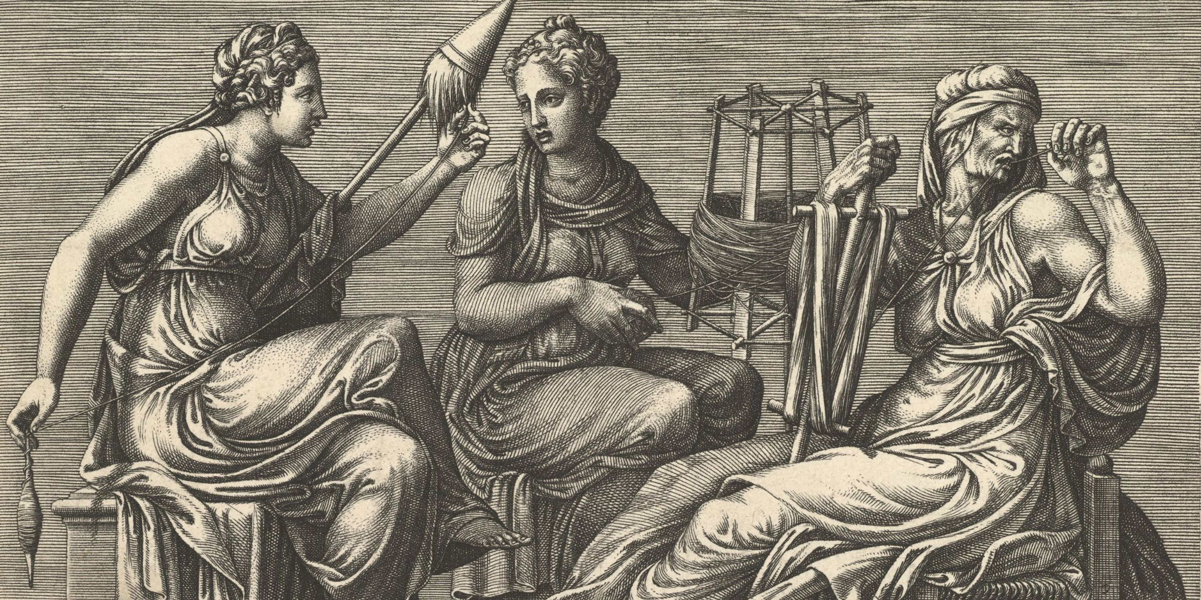 A woodblock image of the mythical three fates 