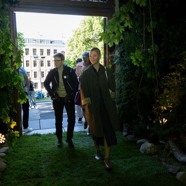 Folk som kommer inn til Naturkonferansen gjennom en gang fylt med planter oppover veggene, og gress på gulvet. 