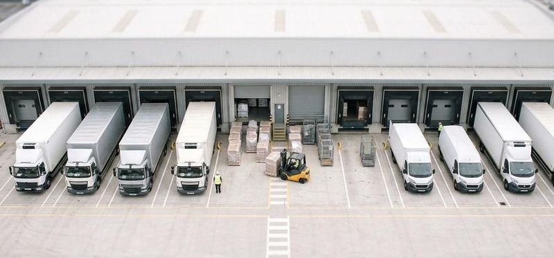 Trucks loading at a distribution depot