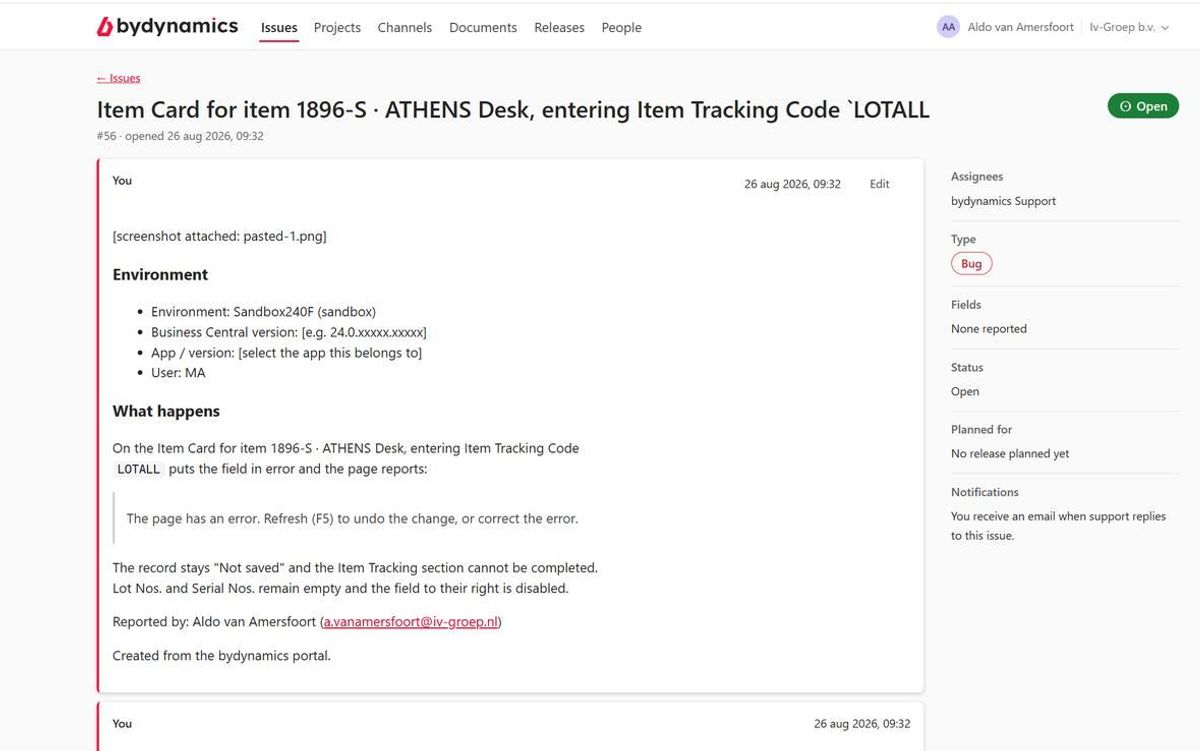 An issue in the bydynamics support portal