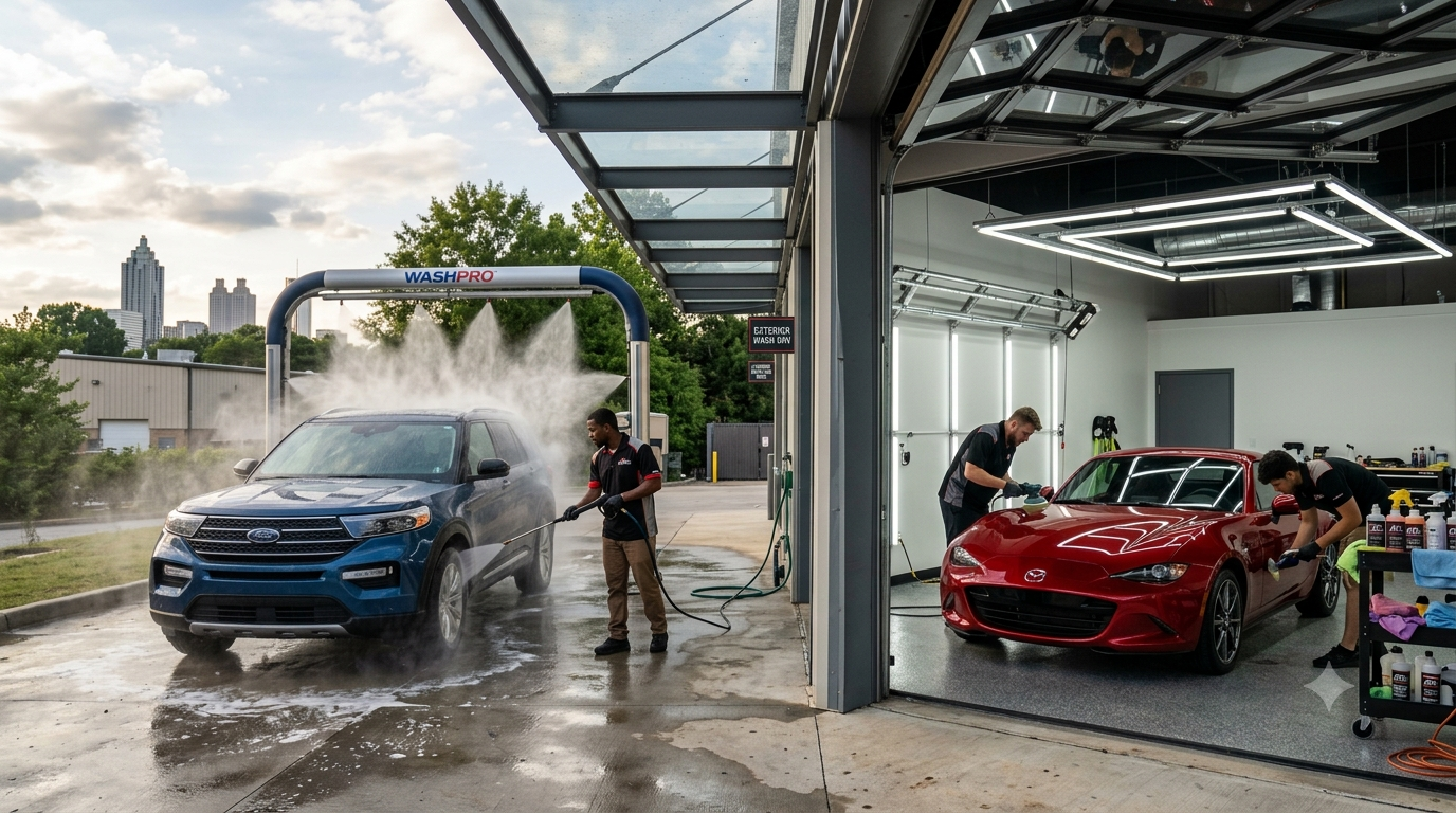A car going through a wash next to a car being hand-detailed