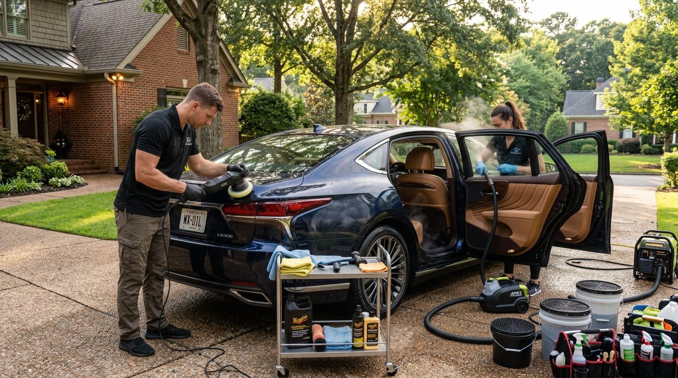 A car being detailed with interior and exterior work in progress