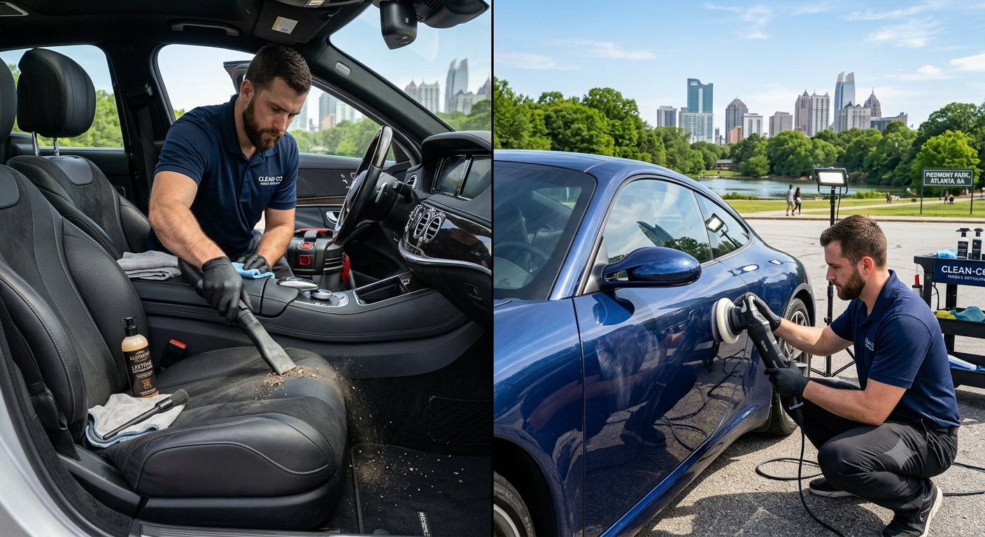 Split view of a car interior being cleaned and an exterior being polished