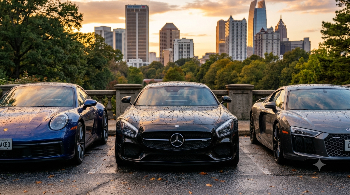Three car hoods showing wax, ceramic coating, and paint protection film