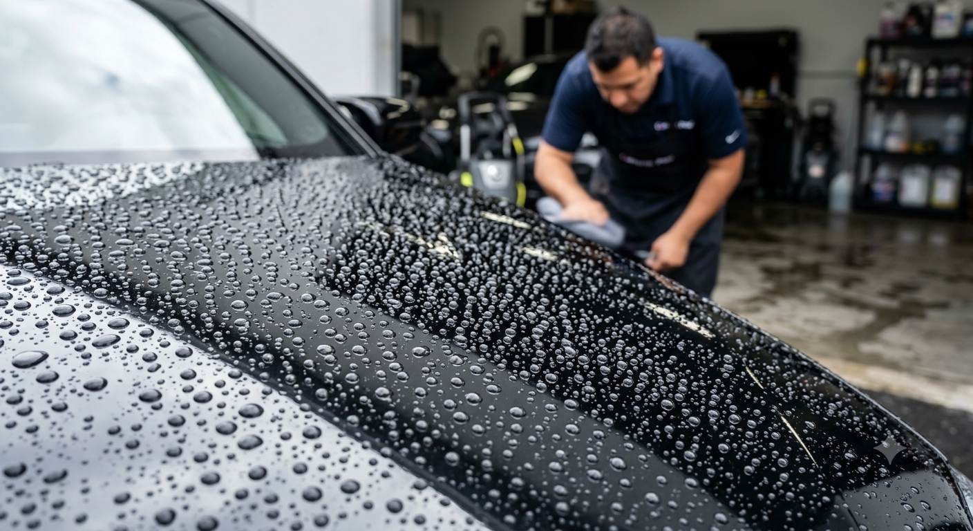Water beading on a freshly ceramic-coated car hood