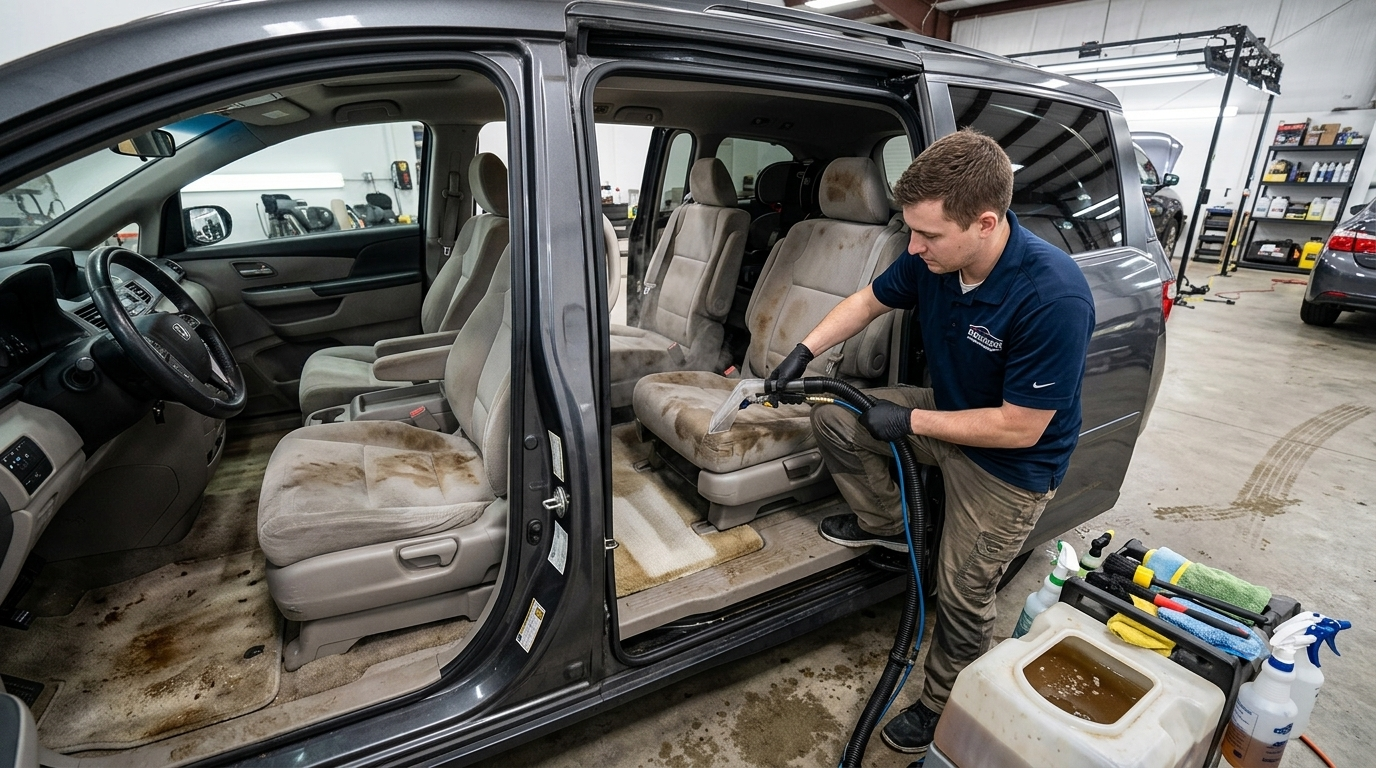 A detailer working on a car interior, deep cleaning the seats and carpet