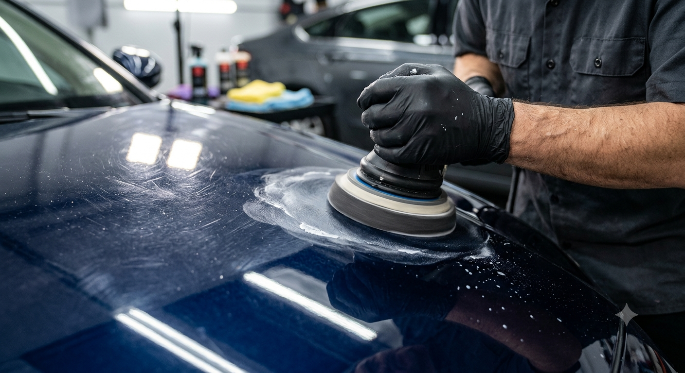 A detailer machine-polishing a car panel during paint correction