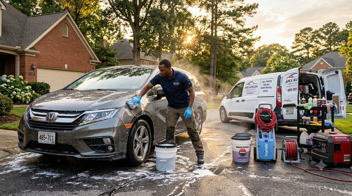 Mobile detailing brings the full setup to your driveway. Same work, your schedule.