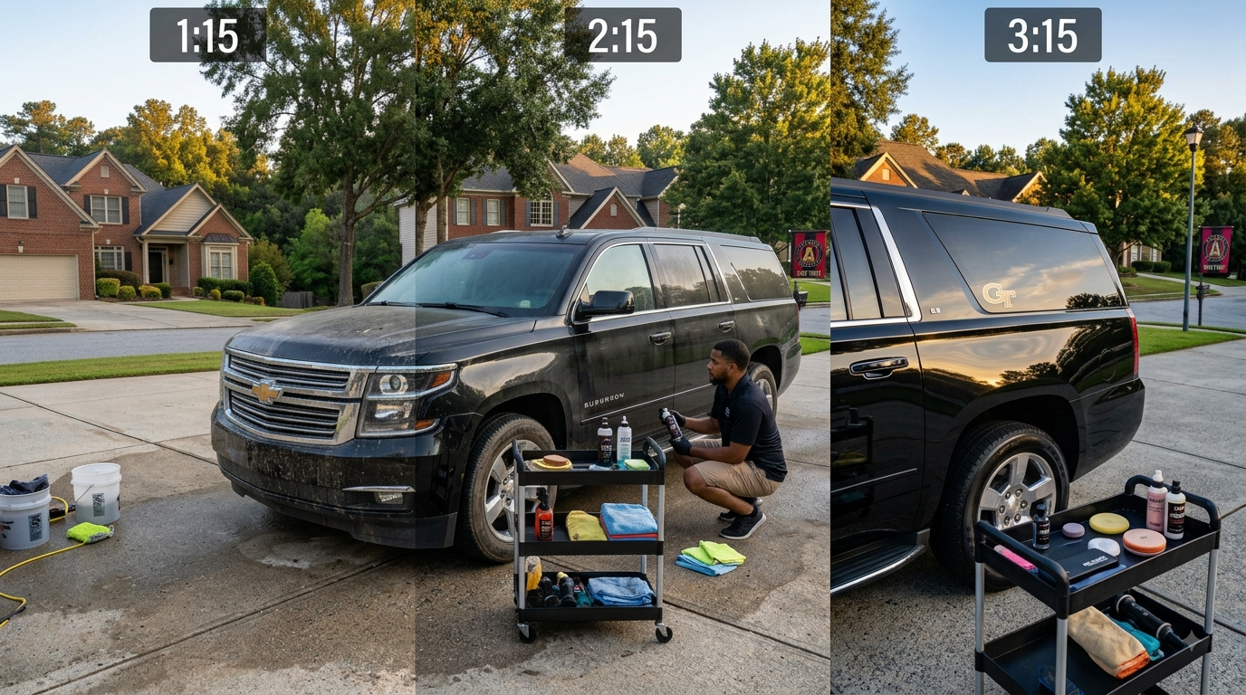 A detailer working on a car over several hours in a driveway