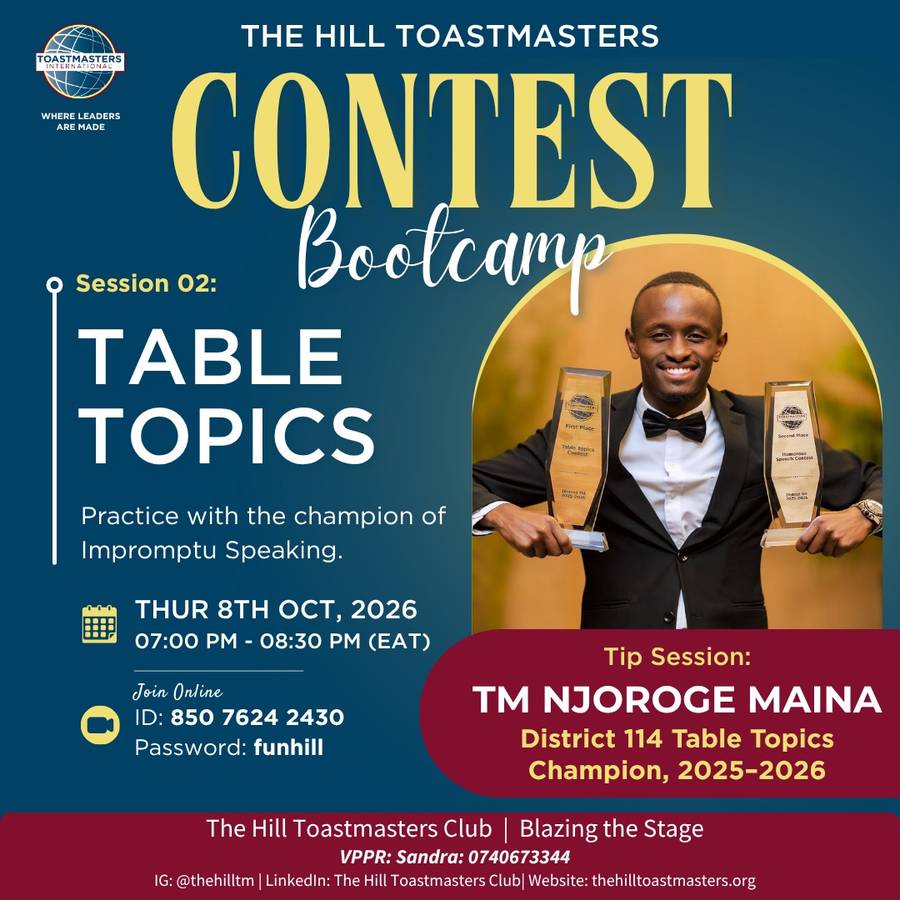 Contest Bootcamp session 2 poster: Table Topics, "Practice with the champion of impromptu speaking", Thursday 8 October 2026, 7:00 PM to 8:30 PM EAT, online on Zoom. Tip session with Njoroge Maina, District 114 Table Topics Champion 2025/26, pictured holding two trophies.