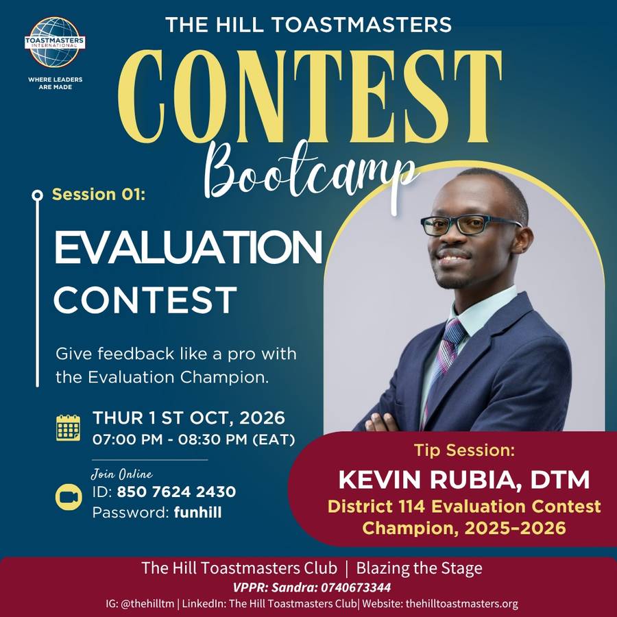 Contest Bootcamp session 1 poster: Evaluation Contest, "Give feedback like a pro with the Evaluation Champion", Thursday 1 October 2026, 7:00 PM to 8:30 PM EAT, online on Zoom. Tip session with Kevin Rubia, DTM, District 114 Evaluation Contest Champion 2025/26.