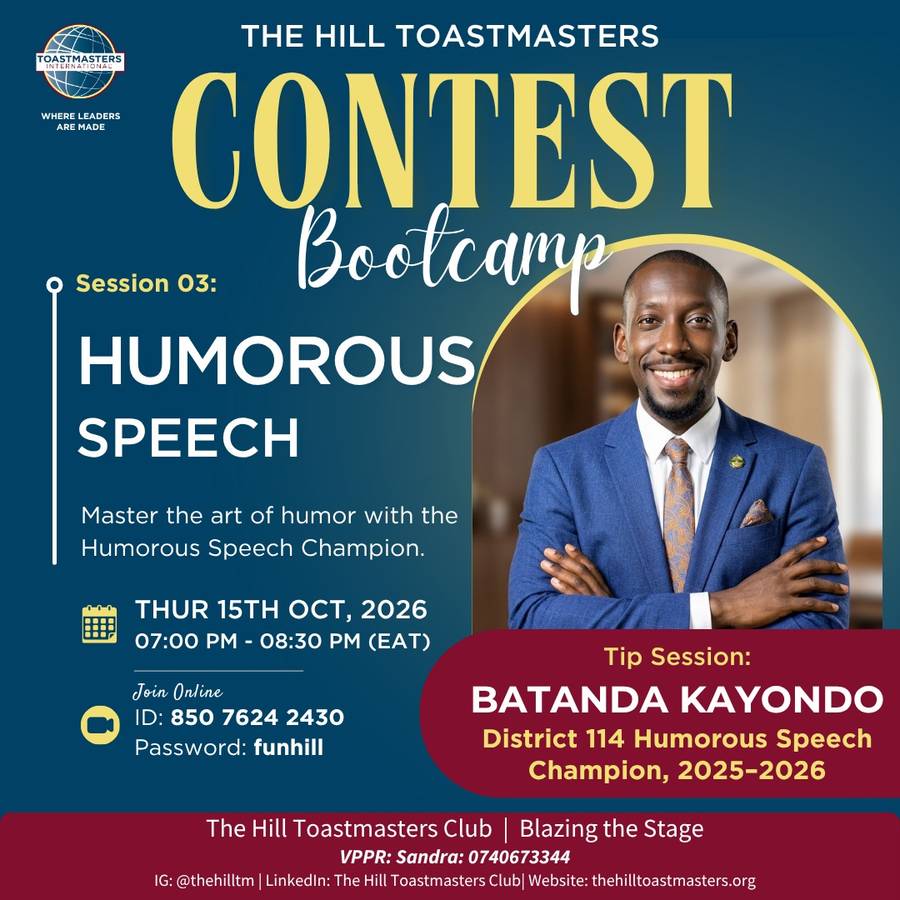 Contest Bootcamp session 3 poster: Humorous Speech, "Master the art of humor with the Humorous Speech Champion", Thursday 15 October 2026, 7:00 PM to 8:30 PM EAT, online on Zoom. Tip session with Batanda Kayondo, District 114 Humorous Speech Champion 2025/26.